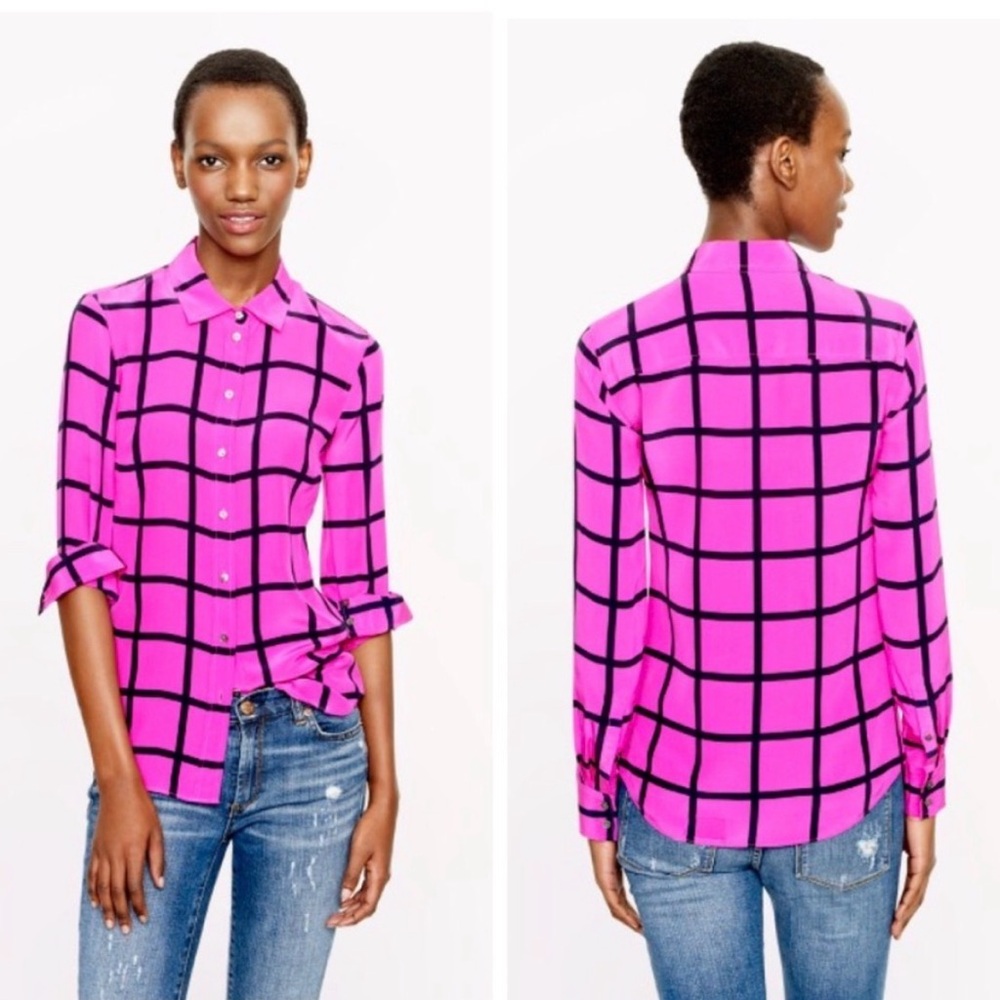 J.Crew 100% Silk Boy Shirt Blouse Fuchsia Pink Black Windowpane Plaid - Size S